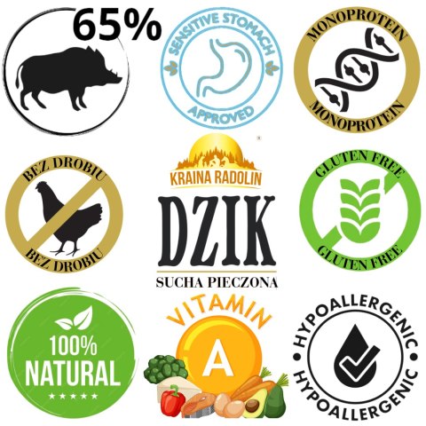 Kraina Radolin Dzik 10 kg rasy mniejsze i szczenięta karma sucha pieczona 65% mięsa dla alergików z nadwrażliwością pokarmową
